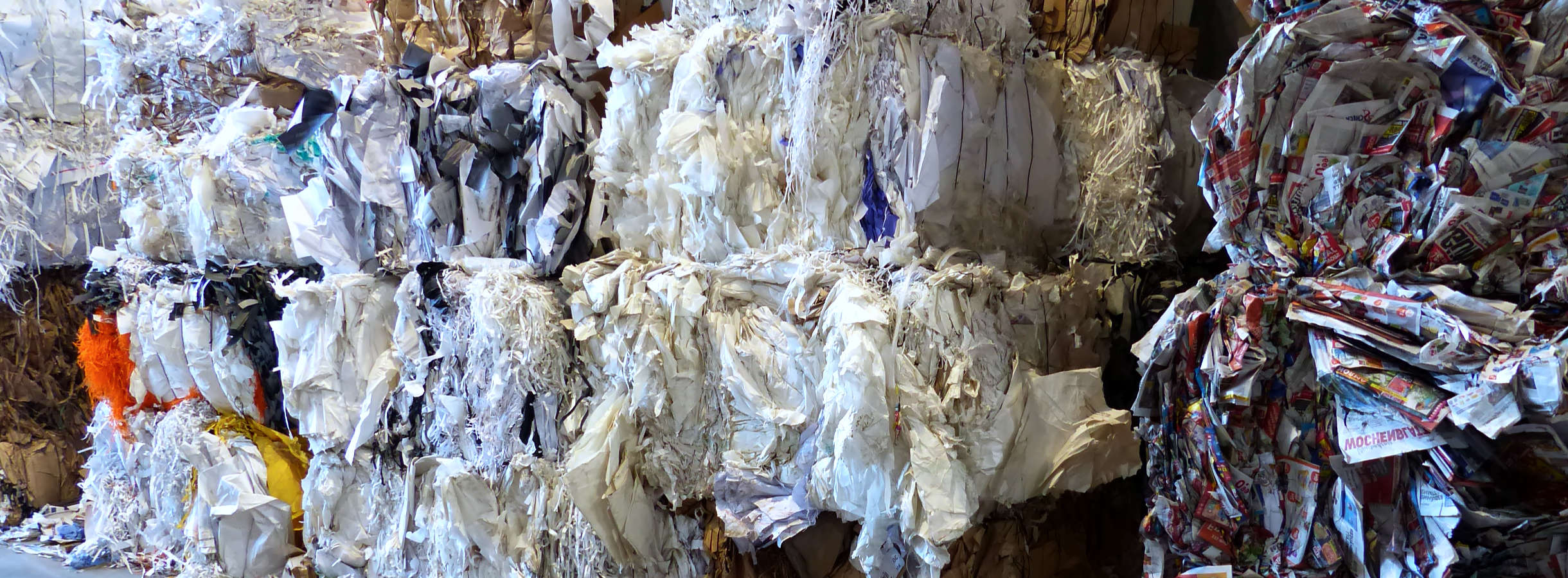 Zu quadratischen Papierballen zusammengepresstes Altpapier aus Druckresten. Die Ballen aus weißem und buntem Papier aus Druckereien werden mit Draht zusammengehalten. Sie stehen in der Halle vom Entsorgungsbetrieb Xpress Paper im Großraum Frankfurt.