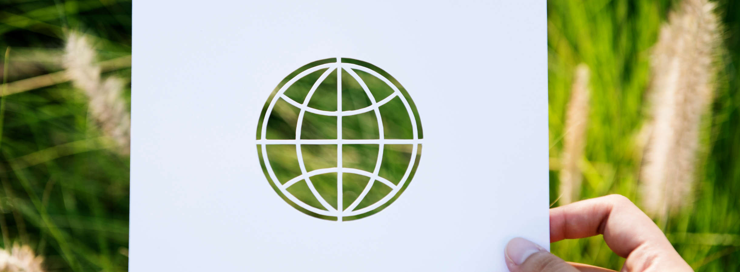 Frisches grünes Gras auf einer Fotografie mit Umweltschutz-Symbolik. Eine Hand hält ein recyceltes Papier. Das Blatt besteht aus weisem Papier. In der Mitte ist eine Ikonografie des Planeten Erde ausgeschnitten. Das Grün scheint durch die freien Stellen.
