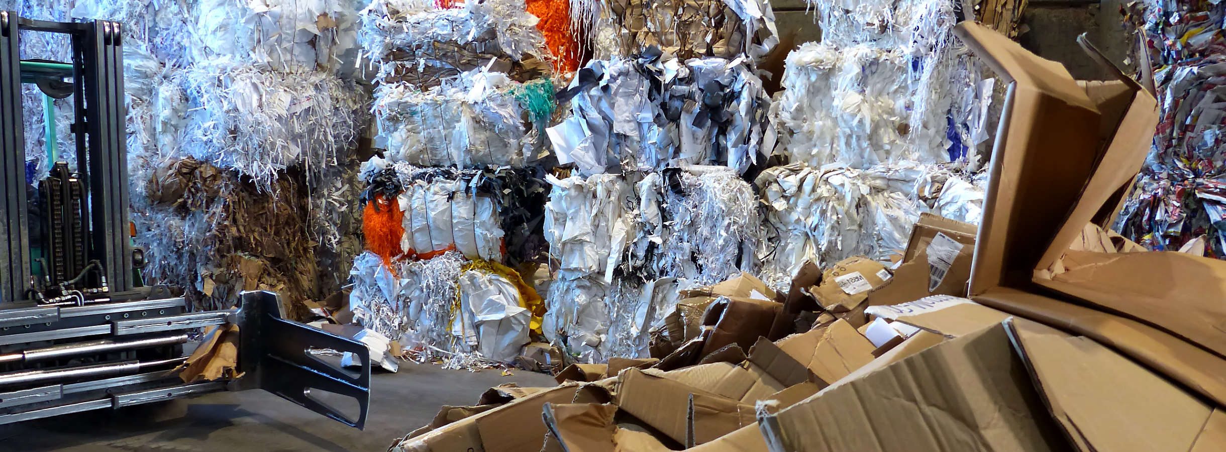 Ein grüner Gabelstapler fährt zu einem ausgekippten Haufen aus entsorgten Verpackungskartons. Er tut Karton in die Papierpresse, damit dieser zu einem Ballen geformt wird. An der Wand im Hintergrund stehen bereits viele Ballen aus gepresstem Altpapier.